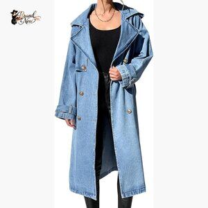 Long Double Breasted Denim Jacket Oversized Button Down Maxi Coat